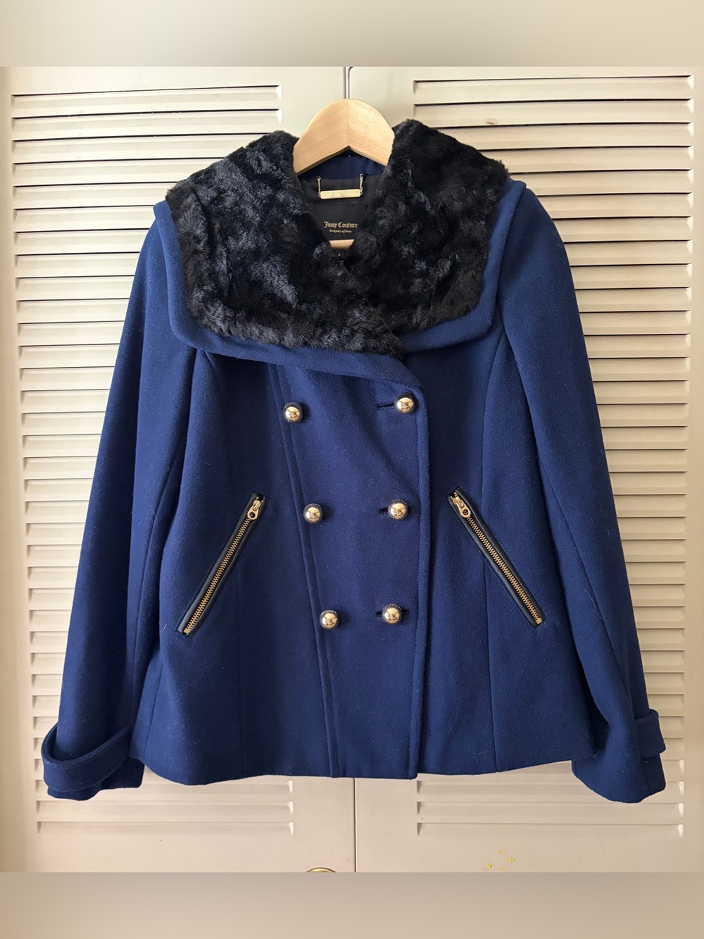 Vintage Juicy Couture Wool Double-Breasted Peacoat, Size S, Navy
